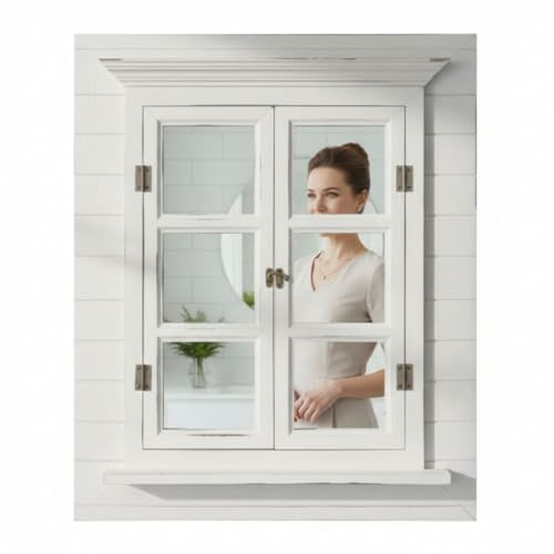 Mucola Wandspiegel Spiegelfenster mit Fensterläden 64x53,5 cm Holz Weiß | Shabby Chic Landhausstil, Türen mit 6 Scheibeneinsätzen, verzerrungsfreies Spiegelglas, Paulownienholz, für Flur und Diele