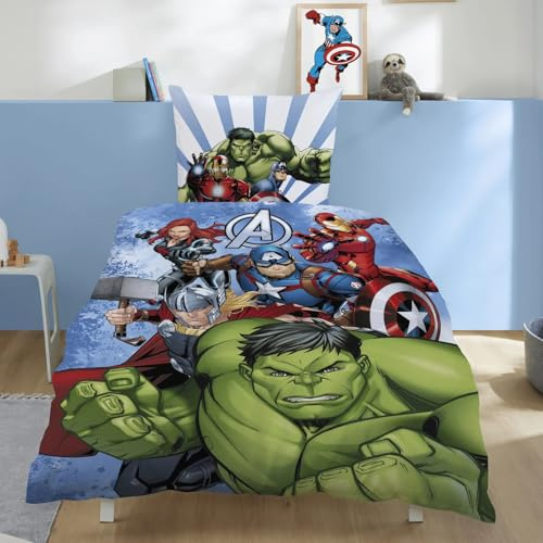 Familando – Avengers Bettwäsche Set (2-teilig) – Decken- & Kissenbezug 135x200 cm & 80x80 cm mit Reißverschluss – 100% Baumwolle Renforcé – Wendemotiv für Marvel-Fans – Oeko-TEX Zertifiziert