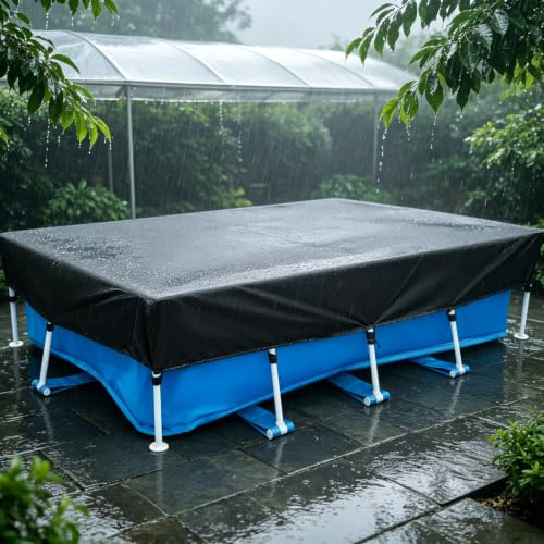 PVC-Abdeckplane 360 x 360 cm PVC Wasserdicht Staubdicht Poolabdeckplane Schwimmbecken mit Kordelzug Einfache Montage für Rechteckiger Rahmen Pool, Schwarz