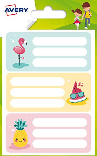 Schuletiketten 76 x 34 mm, Flamingo & Obst, 15et