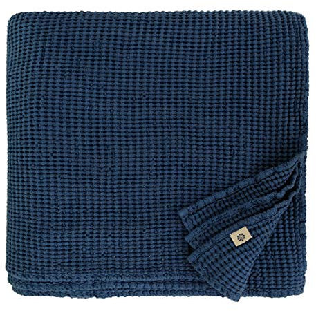 Linen & Cotton Plaid Decke Sommer Tagesdecke Waffelpique Enzo - 48% Leinen, 52% Baumwolle, Dunkelblau (180 x 230 cm) Blanket Bedspread Überwurf Bett Überwurfdecke Bettüberwurf Bettbezug Bettwäsche