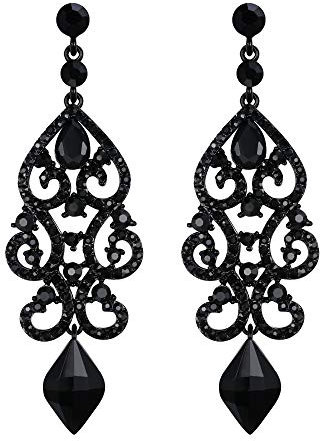 EVER FAITH Rhinestone Crystal Wedding Art Deco Floral Chandelier Dangle Earrings for Women Black Black-Tone