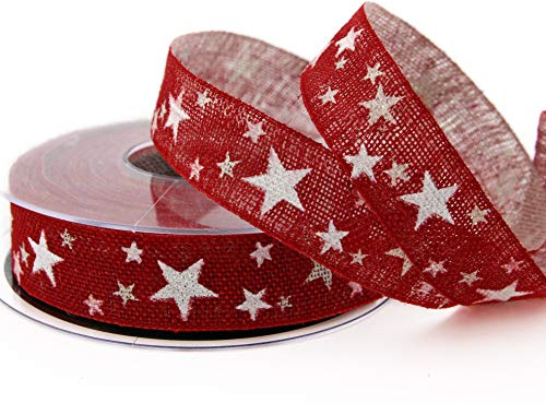 15 m x 25 mm Dekoband Country Stars Rot Weiss Geschenkband Schleifenband Natur Leinen Stoffband Landhaus Weihnachten mit Sternen