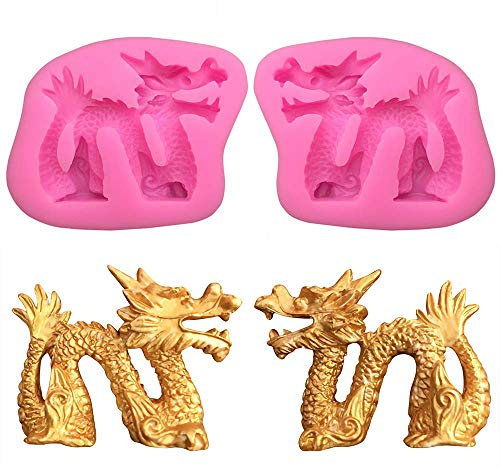 Lot de 2 moules en silicone 3D en forme de dragon du zodiaque chinois pour pâte à sucre, outils de décoration de gâteaux, argile polymère, résine époxy