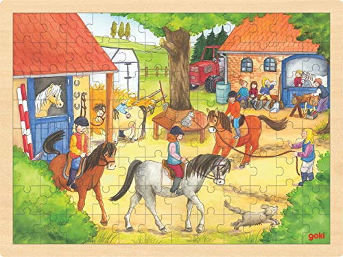 Puzzle aus Holz Einlegepuzzle Reiterhof goki 96 Teile Ponyhof Holzpuzzle mit Palandi® Sticker