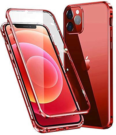 MOSSTAR Hülle für iPhone 12 Mini 5,4'', Magnetische Adsorption Metallrahmen 360 Grad Full Body Handyhülle Vorne hinten Gehärtetes Glas Schutzhülle Einteiliges Ultra Dünn Transparente Cover Case,Rot