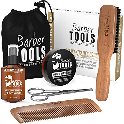 Kit d’Entretien Barbe & Moustache Barber Tools – Brosse 100% Poils de Sanglier & Bois de Poirier, Peigne en Bois, Ciseaux à Bouts Arrondis, Sac de Rangement – Coffret Soins Homme