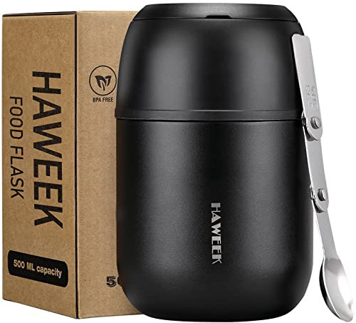 HAWEEK Contenedor de alimentos aislado de 17 onzas, termo de sopa para alimentos calientes, niños y adultos, lonchera al vacío de acero inoxidable con cuchara plegable, térmica portátil para adultos y