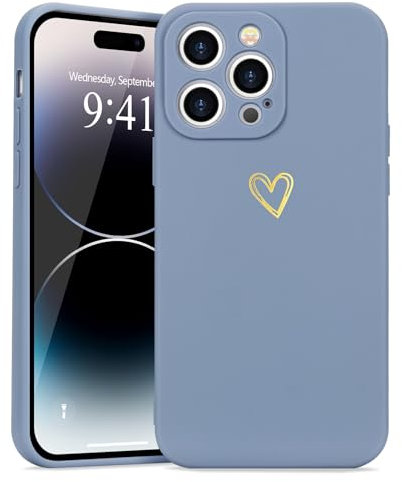 Wirvyuer Compatible with iPhone 14 Pro Max Case for Girls Women Silky Soft Protective Shockproof Silicone Phone Case with Cute Gold Heart Pattern Design Blue Bumper Cover
