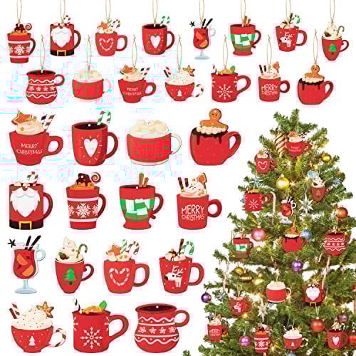 Haooryx 46PCS Christmas Hot Chocolate Cup Wood Hanging Ornaments Decorative Red Cafe Coffee Mug Wooden Slices Pendant with Ropes Coffee Bar Ornaments for Christmas Tree Farmhouse Holoiday Party Decors