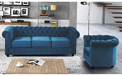 Chesterfield 3-Sitzer-Sofa und Sessel, Velours, Entenblau