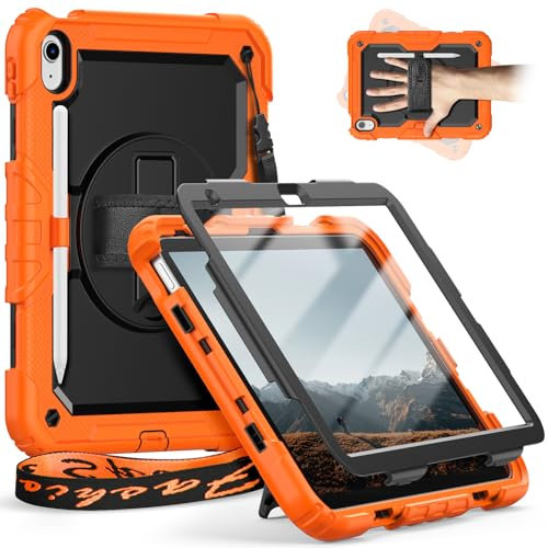 Timecity For iPad (A16)11th Generation Case 11 inch 2025/iPad 10th Generation Case 10.9 inch 2022, Heavy Duty Protective Cover with Screen Protector, Rotating Stand, Shoulder Strap. Orange
