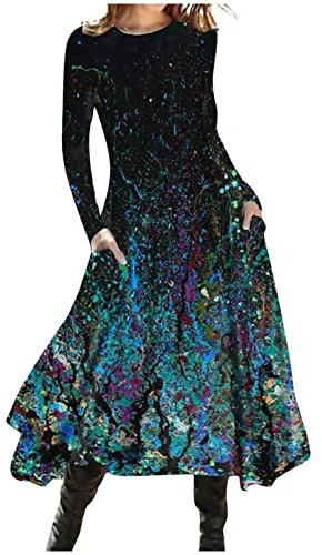 Vasreyy Abendkleid Lang Festliche Kleider Für Damen Silvester Outfit Elegant Drucken/Patchwork Langarm Kleid V-Ausschnitt Herbst Winter Freizeitkleid Sexy Partykleid Blue 3XL