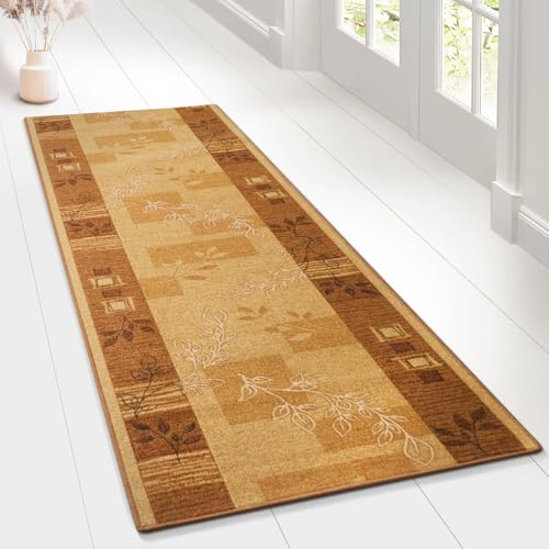 Floordirekt Teppichläufer mit Muster - maßgefertigter Feinschlingen Teppich Läufer für Küche, Flur & Wohnraum - Ornament Vintage Orient Gitter (80 x 150 cm, Akzent Beige)