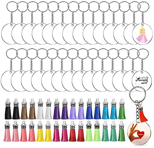 120 Stück Acryl Schlüsselanhänger Rohlinge Set, Runde Mehrfarige Troddel DIY Schlüsselanhänger mit 30 Acrylanhäger Rohling 30 Bunt Quasten Anhänger mit 30 Kette und 30 Biegeringe, für DIY Projekte