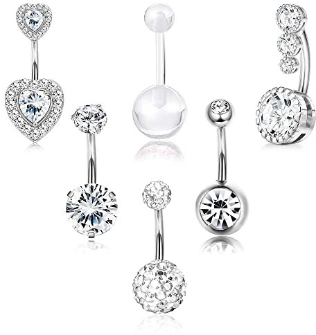 FIOROYAL 6Pcs 14G Piercing Nombril Acier Chirurgical Courts Arcade Grossesse Perles CZ Coeur Boule Argent Percing au Nombril