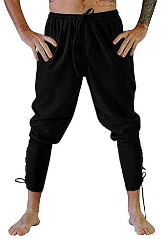 YAOHUOLE Medieval Trousers Men Pirate Linen Pants Renaissance Viking Costume Black M