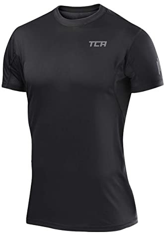 TCA Men's Atomic Quick Dry T Shirt, Gym Sports Running Top for Men, Lightweight Breathable Moisture Wicking Active Athletic Short Sleeve Shirt - Black (UPF 50+), XXL