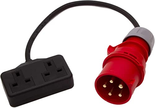 HDIUK Phase-1 400v 3-Phase CEE Plug to 240v Twin G Sockets (16A 5-Pin Red Plug, 1 Metre Length)