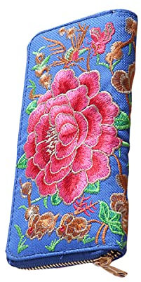 DTSFHTDAL Damen Geldbörse Ethno Stil Münzgeldbörse Clutch Tasche Multifunktionale Geldbörse Große Kapazität Kartentasche Reise mit Lange Brieftasche, Blau, Geldbörse im Ethno-Stil