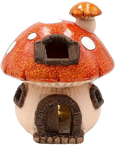 Dekohelden24 Keramik Pilzhaus - Feenhaus in helllrot mit LED, L/B/H 16 x 16 x 18 cm.