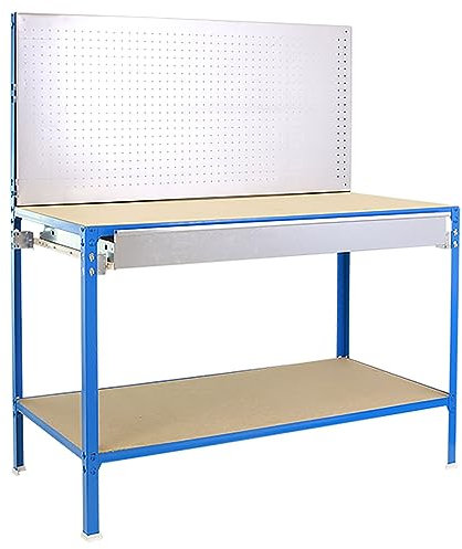 PRORGEAL Werkbank BUFALLO Light mit Lochwand & 2 Ebenen | HxBxT 144,5x120x60cm | Traglast 220kg | Blau/Verzinkt | Werktisch Arbeitstisch Werktisch