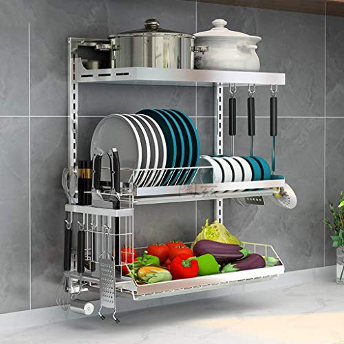 CENAP Scolapiatti da Cucina, scolapiatti a Parete in Acciaio Inossidabile a 3 Strati, portaoggetti in Argento con poggiacoltelli e Bacchette 65 * 25 * 57 cm