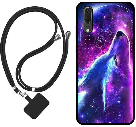 Sunrive Hülle Kompatibel mit Huawei P20 Case,matt Handyhülle Schutzhülle Etui Karikatur Muster TPU Backcover (Wolf,Mond,Sterne) +1x Universale Handykette MEHRWEG