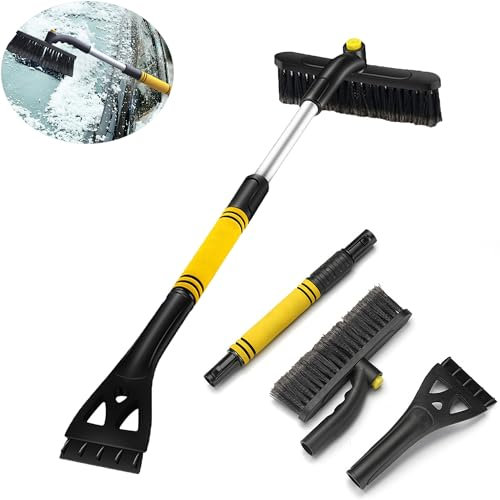 Atsmoce® Eiskratzer Auto mit Besen, 90cm Auto Reinigungsbürste, 2 in 1 Abnehmbarer Eisschaber, Ausziehbare Schneeräumbürste mit Eiskratzer, Schaumstoffgriff (Yellow)