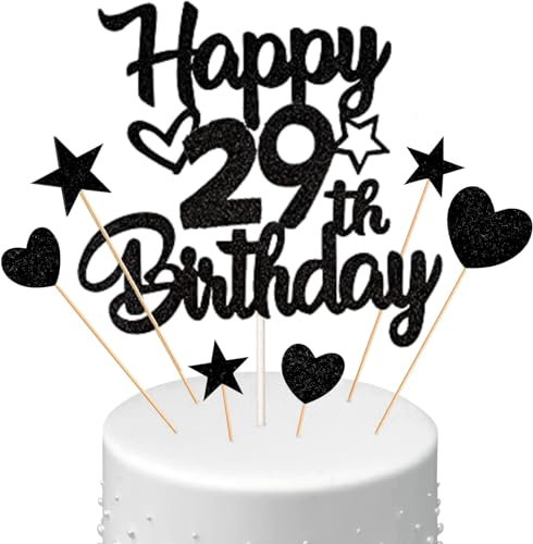 Conruich Tortendeko 29. Geburtstag Mann, Kuchendeko Happy 29th Birthday Schwarz, Glitzer Kuchen Topper 29. Geburtstag Ballons Konfetti Papierfächer für Geburtstagstorte Deko 29 Jahre Frauen Männer