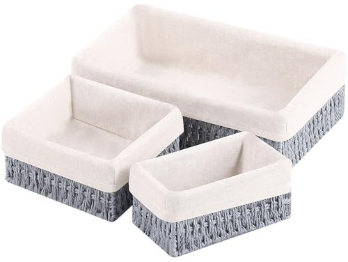 OUTBROS Handmade Storage Basket, Wicker Decoration Trays With Liner, Woven Boxes Used for Shelf, Bathroom, Paper Rope, 3-Pack, Grey
