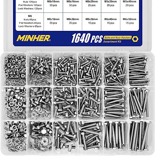 MINHER 1640 Pcs M4 M5 M6 Bullone Esagonale Bulloni e Dadi in Acciaio Inossidabile 304,Rondelle piane e rondelle elastiche set