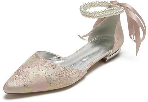Donna Perle Ballerine da Sposa in Raso Punta A Punta Fiocchi Scarpe da Sposa Sera Basse 5047-73H,Rosa,40 EU