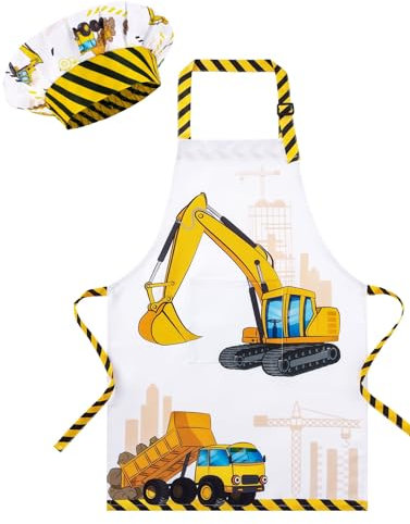 WERNNSAI Delantal Infantil Camión Impermeable con Gorro Chef y Guantes para Niñas y Niños 6-10 Años - Delantal Ajustable con Bolsillo para Cocinar, Pintar y Hornear - Talla S