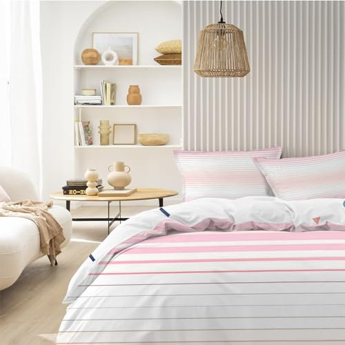 Syhi Mdse Housse de Couette 220x240 Rayé - Parure de Lit 2 Personnes Réversible Adulte Blanc Rose Clair - Parure Housse Couette 220x240 en Microfibre + 2 Taies d'oreiller 65x65cm - Filles