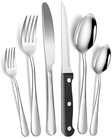 Set de Couverts 48 Pièces,Service de Table 8 Personnes en acier inoxydable avec couteau à steak,couverts avec couteau,fourchette cuillère,pour la maison,fête,restaurant