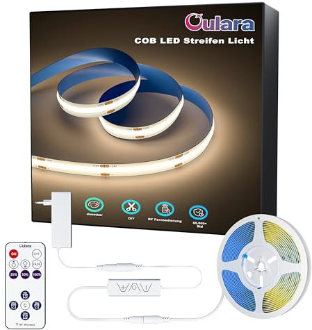 OULARA COB LED Streifen Natürliches Weiß 4000K,10M Dimmbar 24V Flexibel LED Streifen mit RF Fernbedienung und Netzteil,CRI90+ Hell Unterbauleuchte für Home DIY Dekoration,Timerfunktion