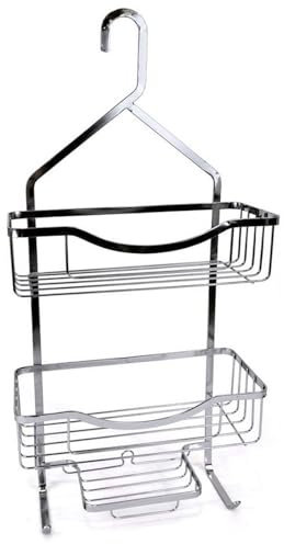 Tradineur Étagère de salle de bain en métal chromé, 3 niveaux et crochet de suspension, organisateur de produits de toilette, d'hygiène, mural, douche, avec ventouse (Gris, 62 x 27,7 x 13 cm)