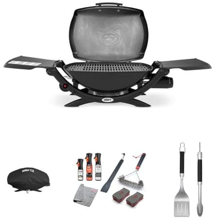 Bundle - Weber Q2000 Gas Grill Barbeque Table Top BBQ Grill & Char Griller with Foldable Side Tables Cast Aluminium Lid Cover & Body Portable Premium Mini Gas BBQ | Home or Travel - Black (53010074)