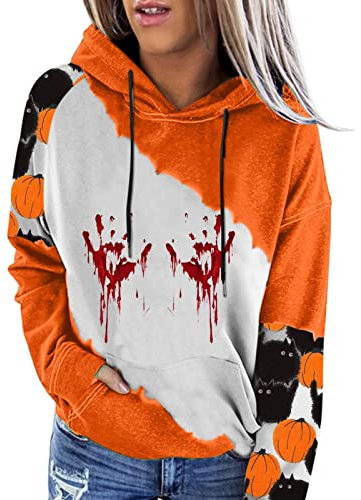 Generisch Damen Kapuzenpullover Halloween Sweatshirt Casual Langarm Kapuzenjacke Frauen Pullover Bedruckt Hoodie Mode Baumwolle Sweatjacke Herbst Winter Must Have Kapuzenshirt Oberteile(A24 White,S)