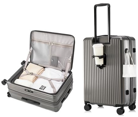 Koffer Trolleys Leicht ABS+ PC Handgepäck Hartschalen-Koffer Trolley Rollkoffer Reisekoffer Erweiterbar, TSA, 4 Rollen, L-70CM, Grau