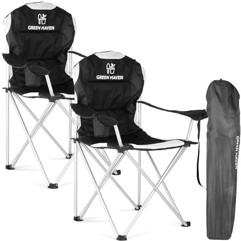 Green Haven Deluxe Padded Camping Chairs - Set of 2 Heavy-Duty Folding Chair Hold up to 120kg, Flat Feet Comfortable Beach & Camping Chairs with Cup Holder and Side Pockets