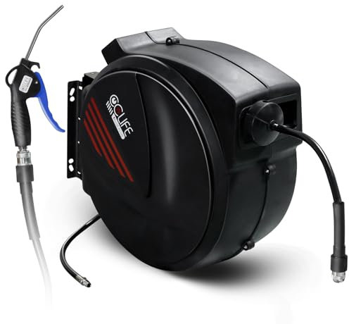 CCLIFE Enrouleur de Tuyau d'Air Comprimé 29m 1/4 Raccord Rapide Dévidoir de tuyau automatique max 15 bar