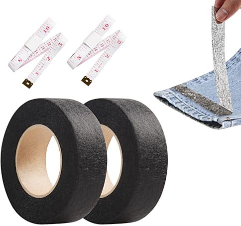 JUNART 2Pcs 2cm×24m Wonder Web Hemming Tape Iron On Hemming Tape,Extra Strong Hem Tape for Trousers,Ironing,Bonding,Repair Curtains,Pants,Jeans,Fabric Clothes with Tape Measure(Black)