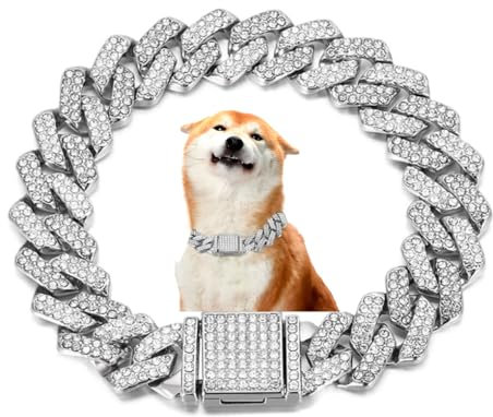 WeimoMonkey Kubanisches Gliederhalsband, Diamant-Hundekette, Schmuck, glitzernd, Strass, Halskette, Metall-Choke, 14 mm breit, Haustier für Welpen, kleine, mittelgroße und große Hunde, Silber (50,8 cm