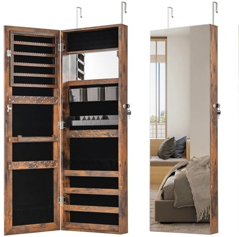 RELAX4LIFE Jewellery Cabinet, Wall/Door Mounted Cosmetics Makeup Jewelry Armoire with Full Length Mirror & Interior Makeup Mirror, Lockable Mirrored Jewellery Storage Organizer (Rustic Brown)