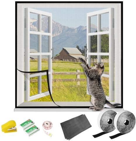 Shackcom 1 Set Window Screen Replacement & Repair Kit, Adjustable DIY Max 100 x 150 cm Fiberglass Screen Mesh for Windows with 1 Stapler 1 roll Tape Measure, Grey
