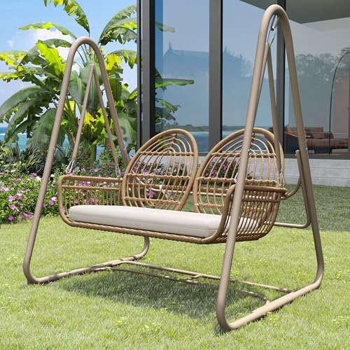 AYOROF Gartenschaukel, Hollywoodschaukel mit Rückenlehne, Gartenmöbel-Set für den Außenbereich,Doppelschaukel aus PE-Rattan, 2 Sitze, Sitzrahmen und Kissen (Beige+Gelb)