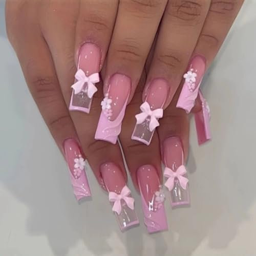 Pink Press On Nails with 3D Bows & Flowers – 24PCS Long Coffin French Tips, Reusable Acrylic False Nails with Rhinestones for DIY Nail Art
