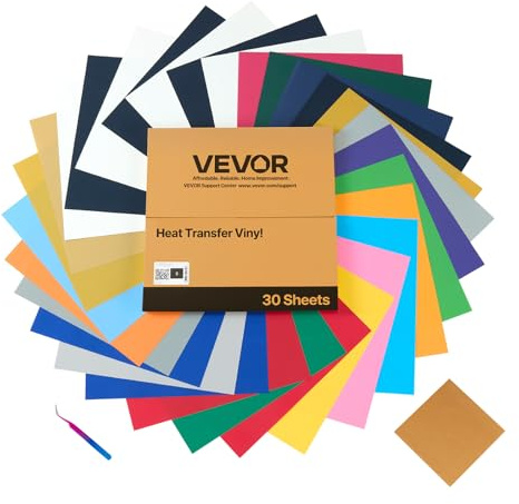 VEVOR Heat Transfer Vinyl, 30 Pack, 304.8 x 304.8mm, Assorted Colors HTV Iron on Vinyl Bundle, Easy to Cut and Weed, with Accessories, Compatible with Cutting Machines, for Various Materials, T-shirts